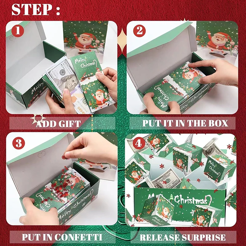 1 Juego de caja de regalo de Navidad creativa, caja de papel plegable, dinero, sorpresa de cumpleaños, caja de rebote, explosiones, sobre rojo, Cajas de Regalo sorprendentes