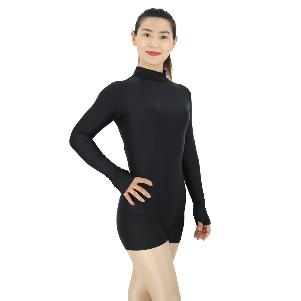 

Women Black Biketard Short Unitard Spandex Long Sleeve Leotard Stage Performance Dance Wear with Thumbholes