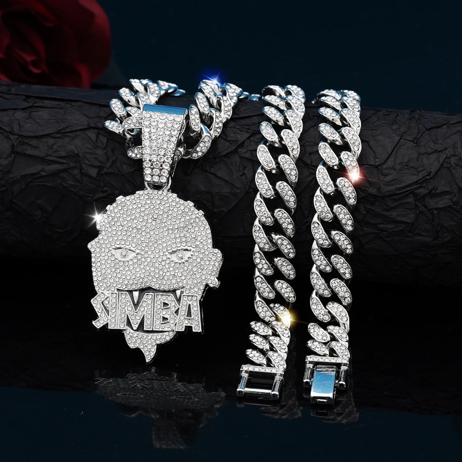 

Hip Hop Street Style Rhinestone Round Shaped SLMBA letters Designed Pendant Necklaces Unisex Daily Wear Cuban Jewelry Gifts