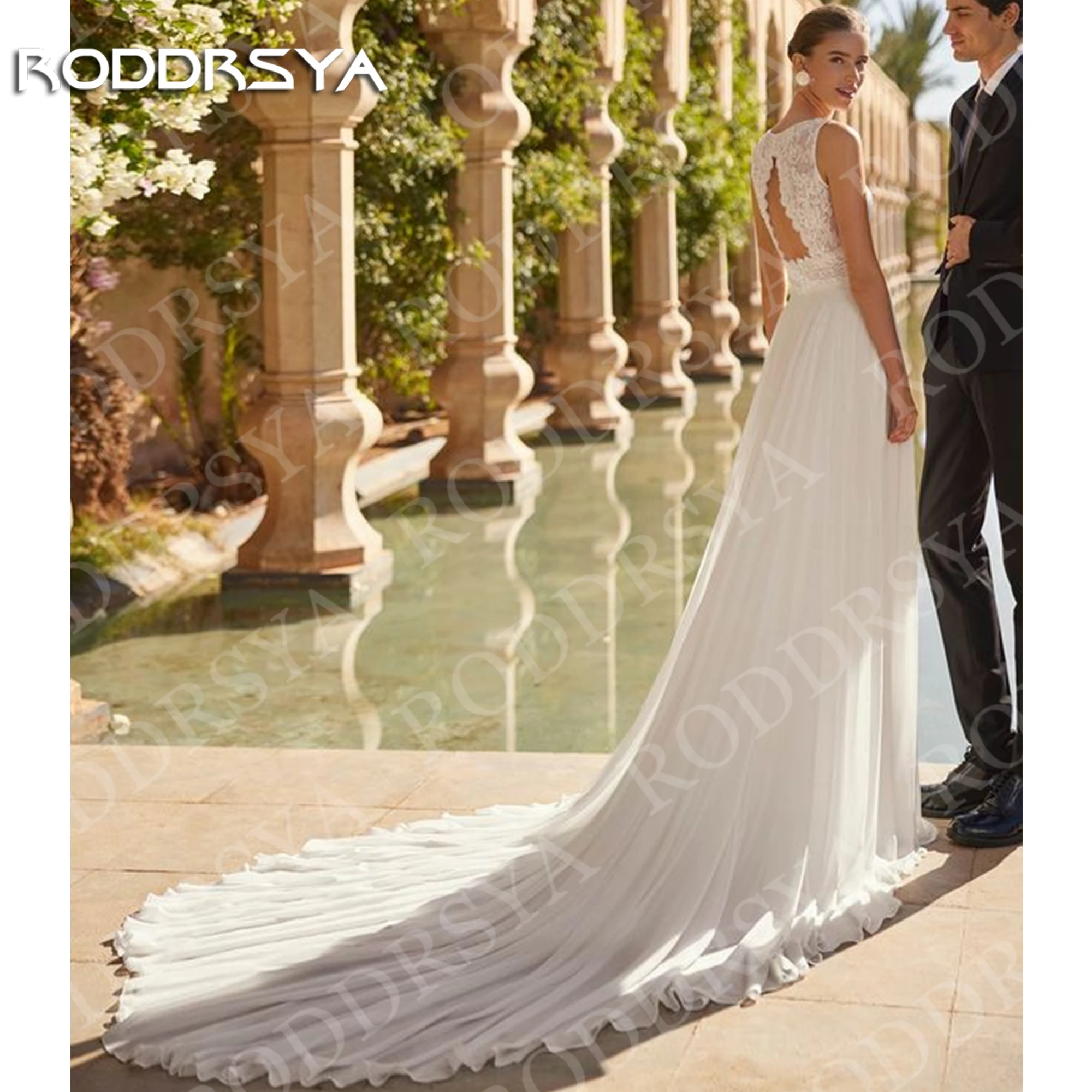 RODDRSYA Square Neck Long Sleeve Wedding Dress Woman Romantic Boho Beach Chiffon A Line Lace Appliques Bridal Dresses Customized