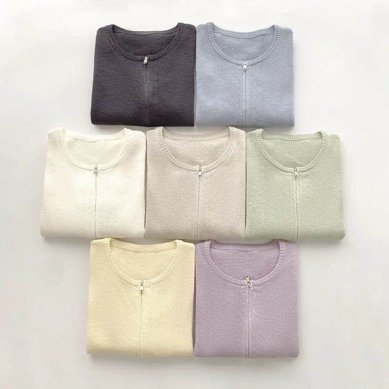 Dave&di Spring/summer New Round Neck Zipper Cardigan Double Strand Bamboo Hemp Yarn Simple Solid Color Coat Top