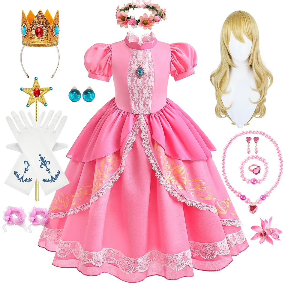 Peach Dress Girls Cosplay Princess Costume Children Birthday Halloween Carnival Party Outfit Kid Lace Puff Sleeve Pink Ball Gown