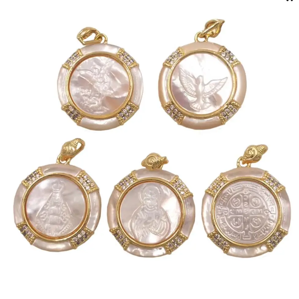 WT-JP468 Religious Lovers Pendant Charms Natural Shell Pigeon&Figure Carving Zircon Paved Jewelry DIY Crafts Making