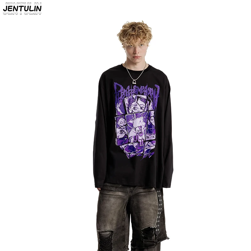 Men T-Shirt Phantasmagoria Black Cotton Graphic Autumn Oversized Aesthetic Long Sleeve Tops Tees Y2k Streetwear Unisex Clothing