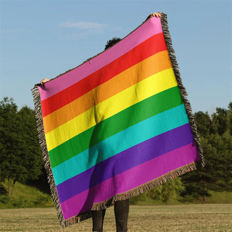 Gaslight Gatekeep Girlboss Original 8 Stripes Rainbow Flag Historical Gay LGBT Rainbow Jacquard Fringed Woven Throw Blanket