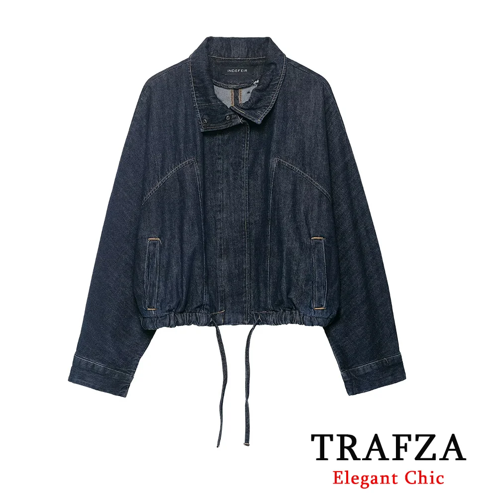 

KONDALA Lady Cool Girls Denim Coat Standing Collar Loose Zipper Jacket 2025 Autumn Winter Vintage Classic Women Denim Jacket