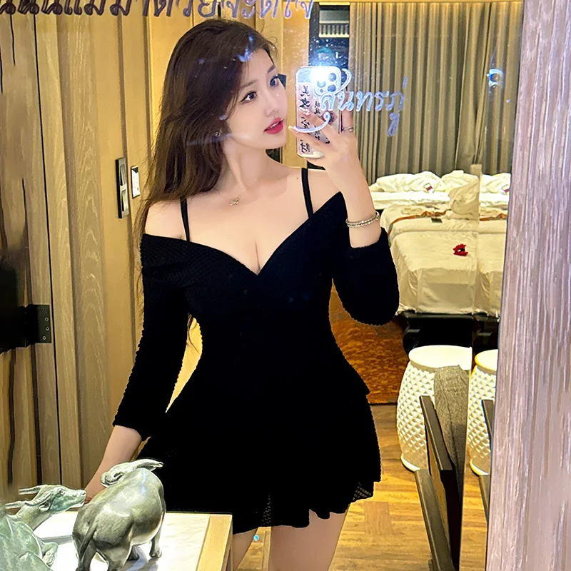 

2024 Women One-Piece Swimsuit Plus Size Solid Black V Neck Swimwear Skirted Sexy Swimdress Hot Spring Bathing Suit Skirt New