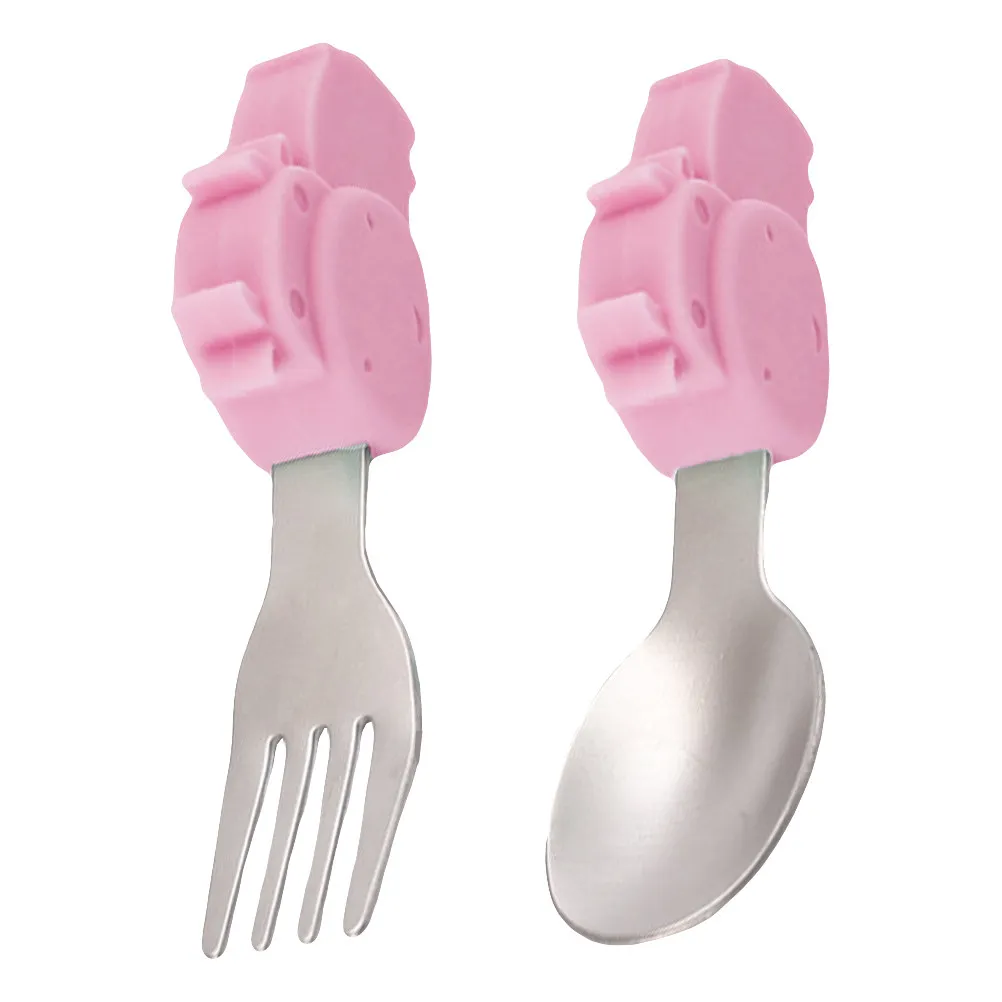 2Pcs Silicone Baby Feeding Spoon For Baby Boy Stainless Steel Fork Set Handle Cartoon Design Safe Infant Tableware