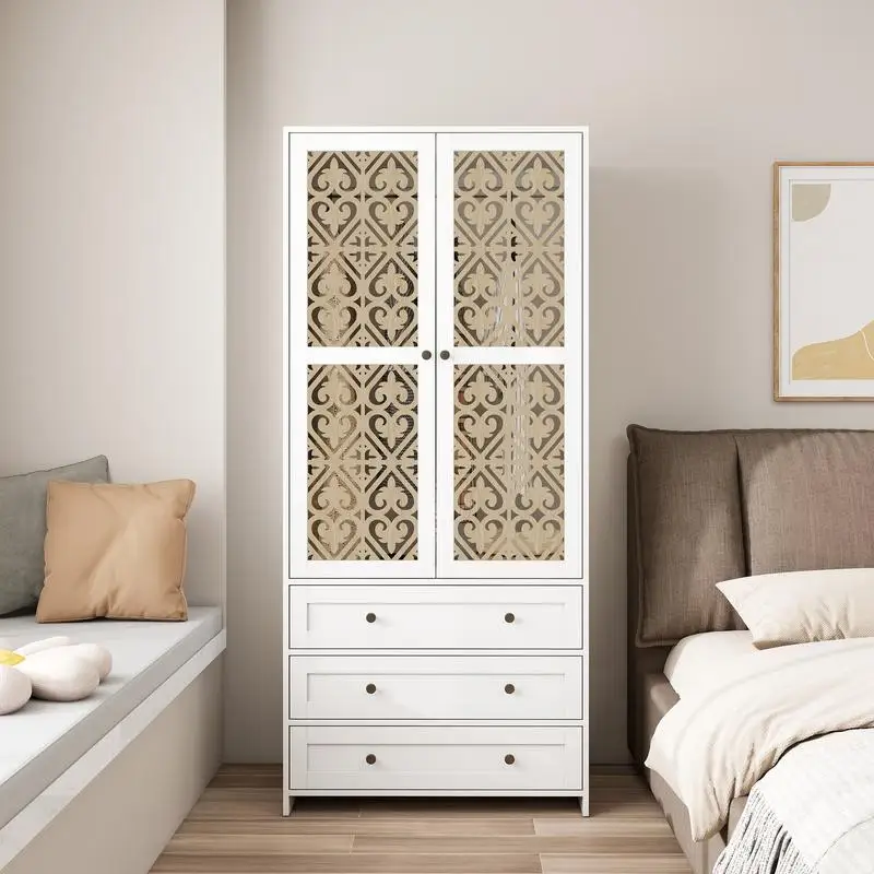 Armario de 2 puertas y 3 cajones con diseño hueco, color madera y acabado blanco, ideal para dormitorios y vestidores