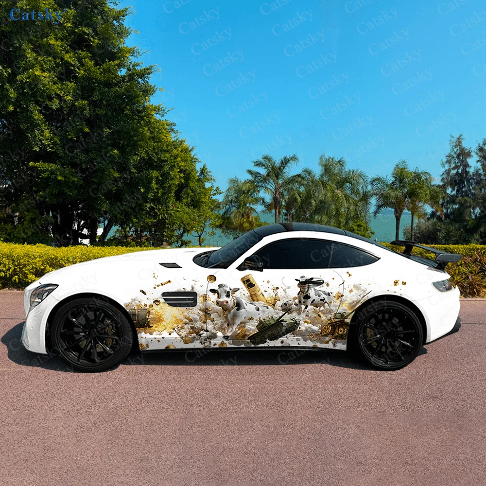 

Золотой танк, корова, грязная автомобильная виниловая наклейка, самоклеящаяся наклейка из ПВХ, подходит для грузовиков, внедорожников, украшения, автоаксессуары, подарок