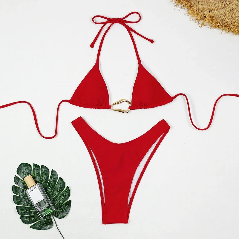 

Женский сексуальный однотонный комплект бикини из трех предметов с лямкой на шее, купальник-стринги и накидка, бразильский купальный костюм, бикини
