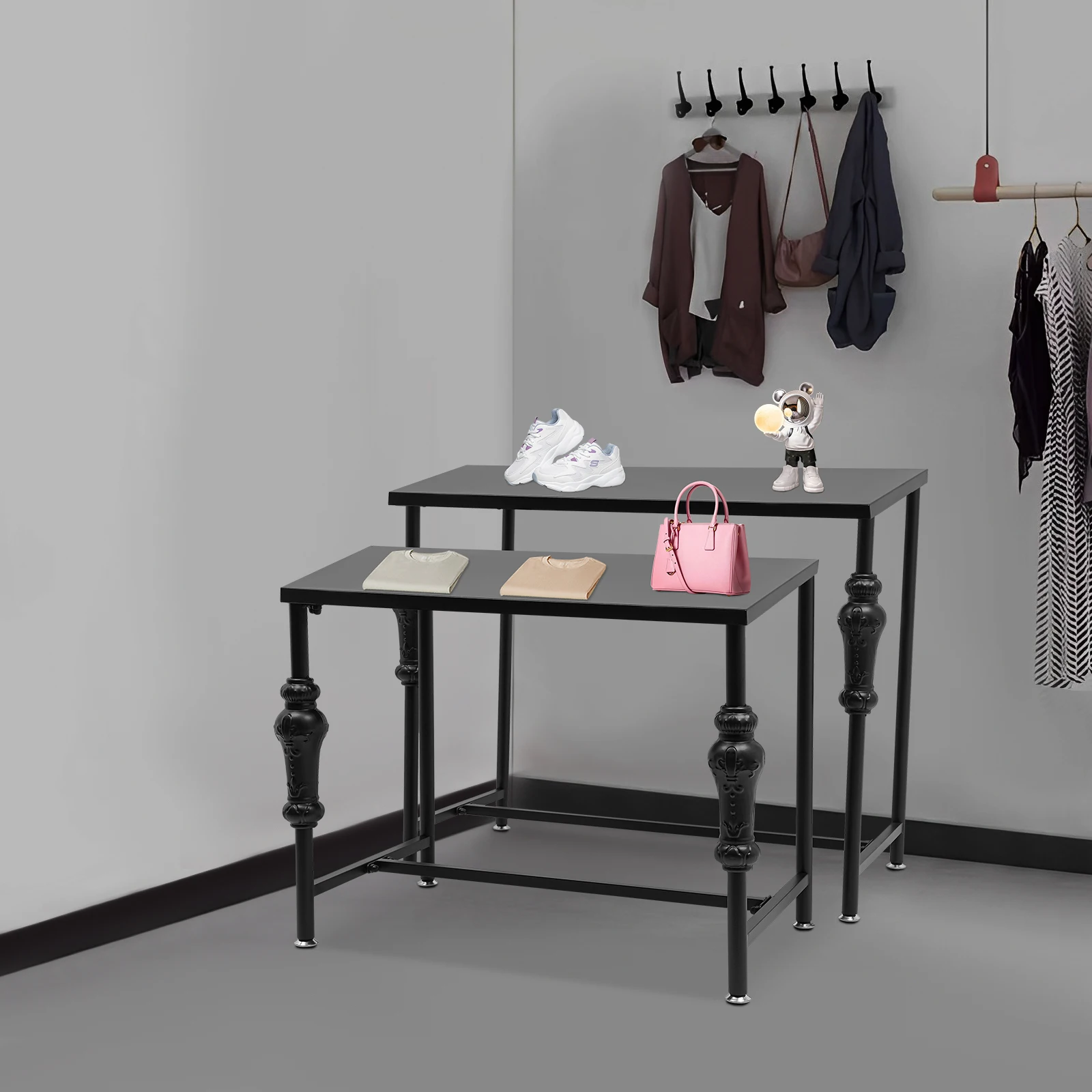 Retail Display Table, Shoe Rack, Black Metal Organizer, Set of 2, High Low Shelf, Durable Carbon Steel, Store Merchandising Stand, Stable Showcase