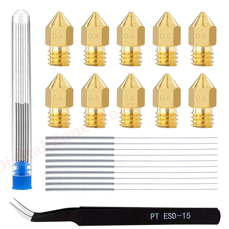 10Pcs 3D Printer Nozzle, Brass 0.4mm MK8 Extruder Nozzles with Cleanning Needles + Tweezers Tools for Creality CR-10 Ender 3/5