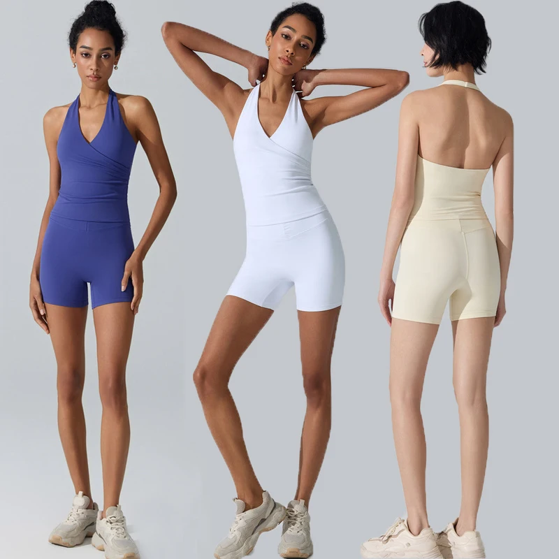 

Women Two Pieces Fitness Yoga Set Solid Color Sleeveless Short Sportswear Breathable Outdoor Running Suit Female Workout Clothes