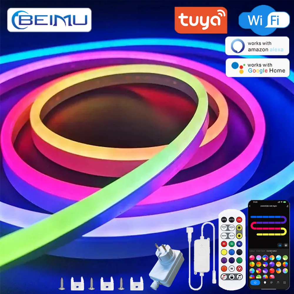 BEIMU TUYA WIFI LED Neon Rope Lights RGBIC Waterproof Music Sync Strip Lights Voice Control Support Smart Life For Home Decor