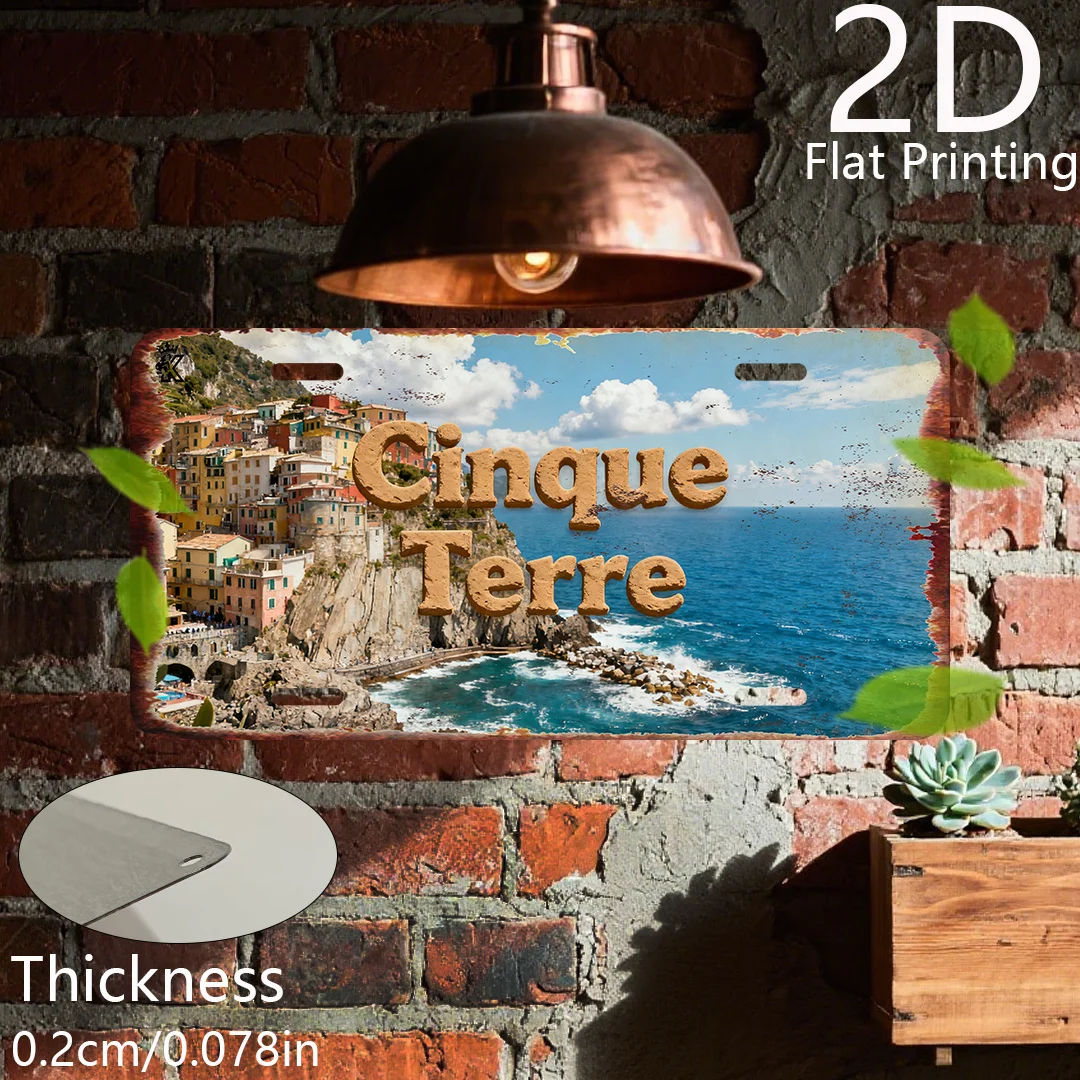 2D Flat, Single Piece Italian Cinque Terre Metal Wall Sign - Sturdy Vintage Plaque Featuring a Mediterranean Village Design (