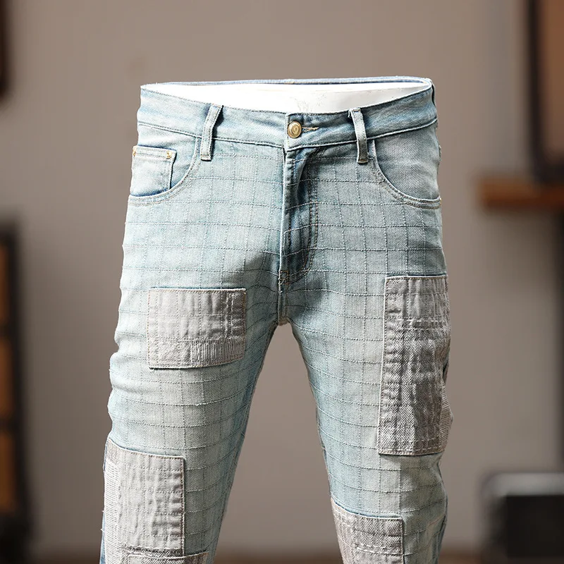 Motorcycle Jeans Men's High-End Stitching Design Fashionable All-Match Patch Gradient Color Retro Fashion Haulage Motor Trousers