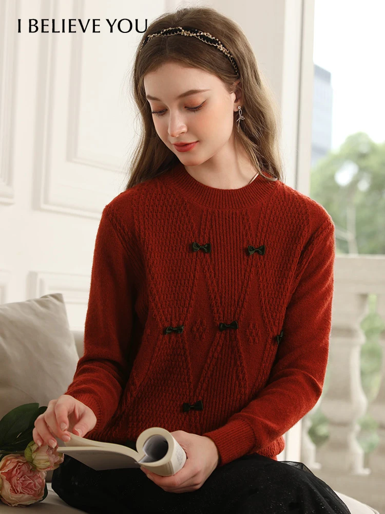 I BELIEVE YOU Red French Gentle Bow Christmas Sweaters For Women Winter 2023 New Loose Sweet Soft Knit Cozy Pullovers 2234125185