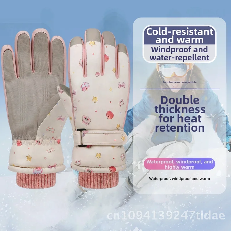 여성을위한 귀여운 새끼 고양이 스키 장갑 겨울 방풍 방수 양털 안감 두꺼운 따뜻한 미끄럼 방지 손가락 야외 사이클링 장갑