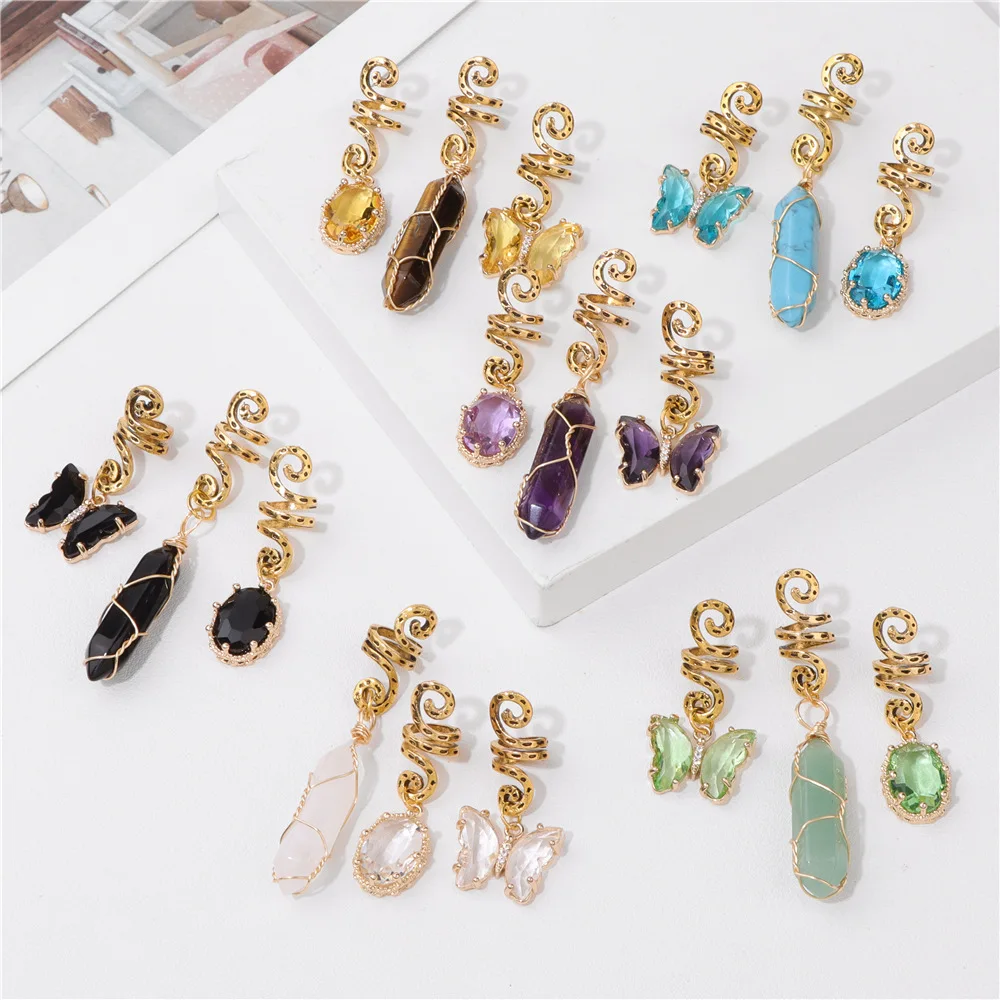 

3Pieces dreadlocks combination headgear, stone beads mixed glass pendant, personalized trend women's hairpin three-piece set