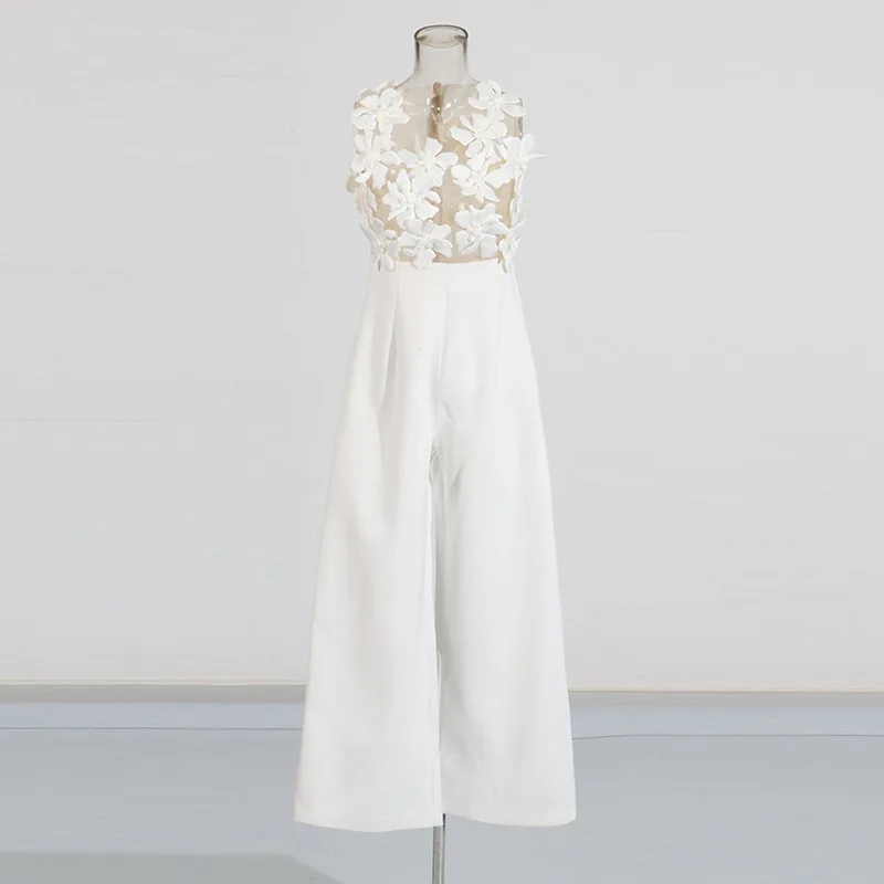 HKSH Wiosna Lato Nowy Damski Kombinezon Bez Rękawów Dekolt V Przezroczysta Siateczka Trójwymiarowe Kwiatowe Wstęgi Szerokie Nogawki Modny HK18028