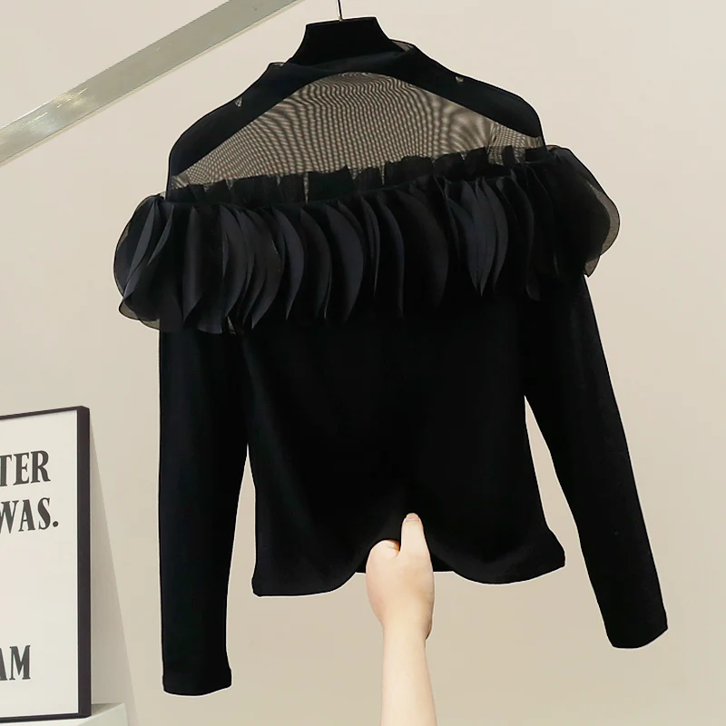 

Bla Heavy Embroidery Me Splice Petal One oulder Long Sve irt Women Design Sensibili Match All Long Sve S...