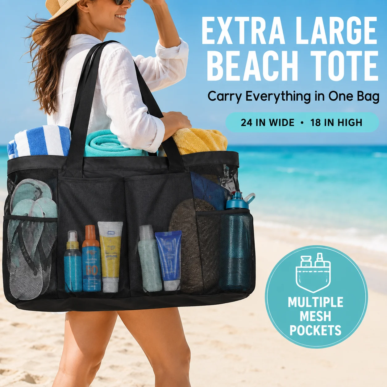 Mesh Beach Bag Large Capacity Women Shoulder Tote Lightweight Travel Organizer with Pockets for Swimming Pool Family Outdoor Use