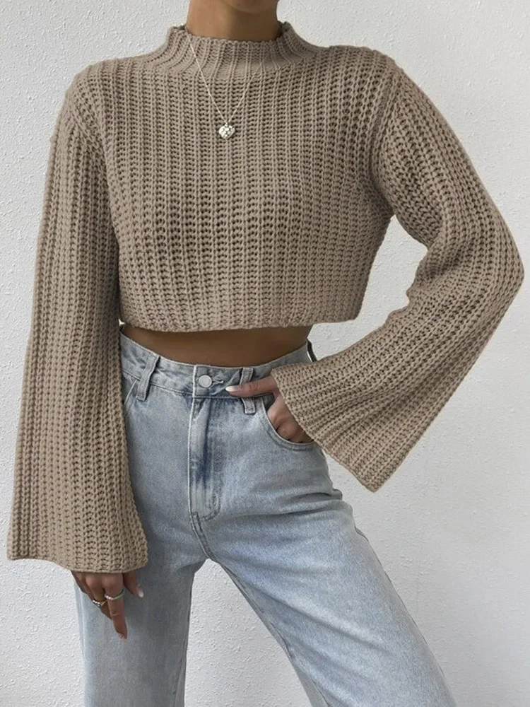 New Korean Style Solid Cropped Sweater Women Vintage Oversize Knit Jumper Fmale Autumn Long Sleeve O-neck Pullovers Tops