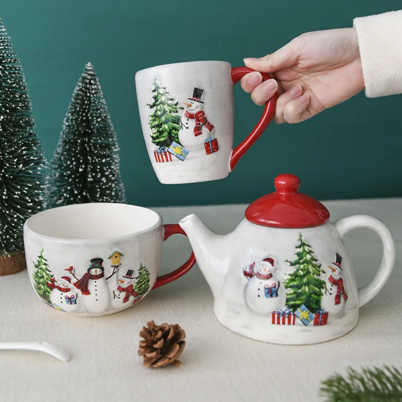 Nordic Country Christmas Party Ceramic Cups Bowls Dishes Dishes Tableware Set Western Style Xmas Tree Snowman Salad Bowls