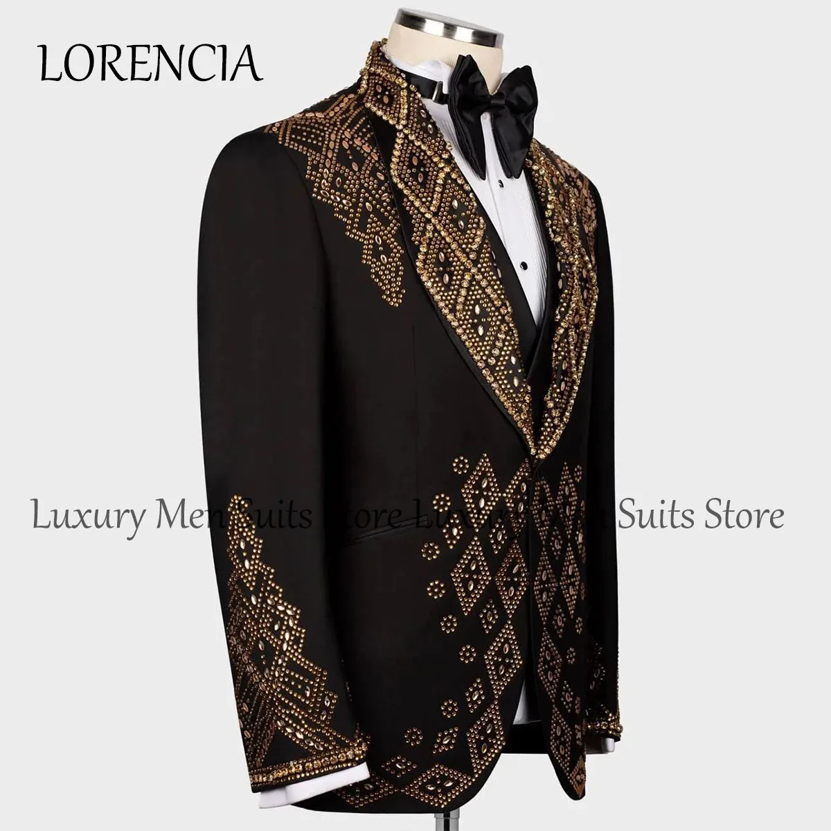 Customized Beaded Crystals Men Suits Peaked Lapel Groom Wedding Tuxedos 3 Pieces Sets Male Party Blazers Slim Fit Costume Homme