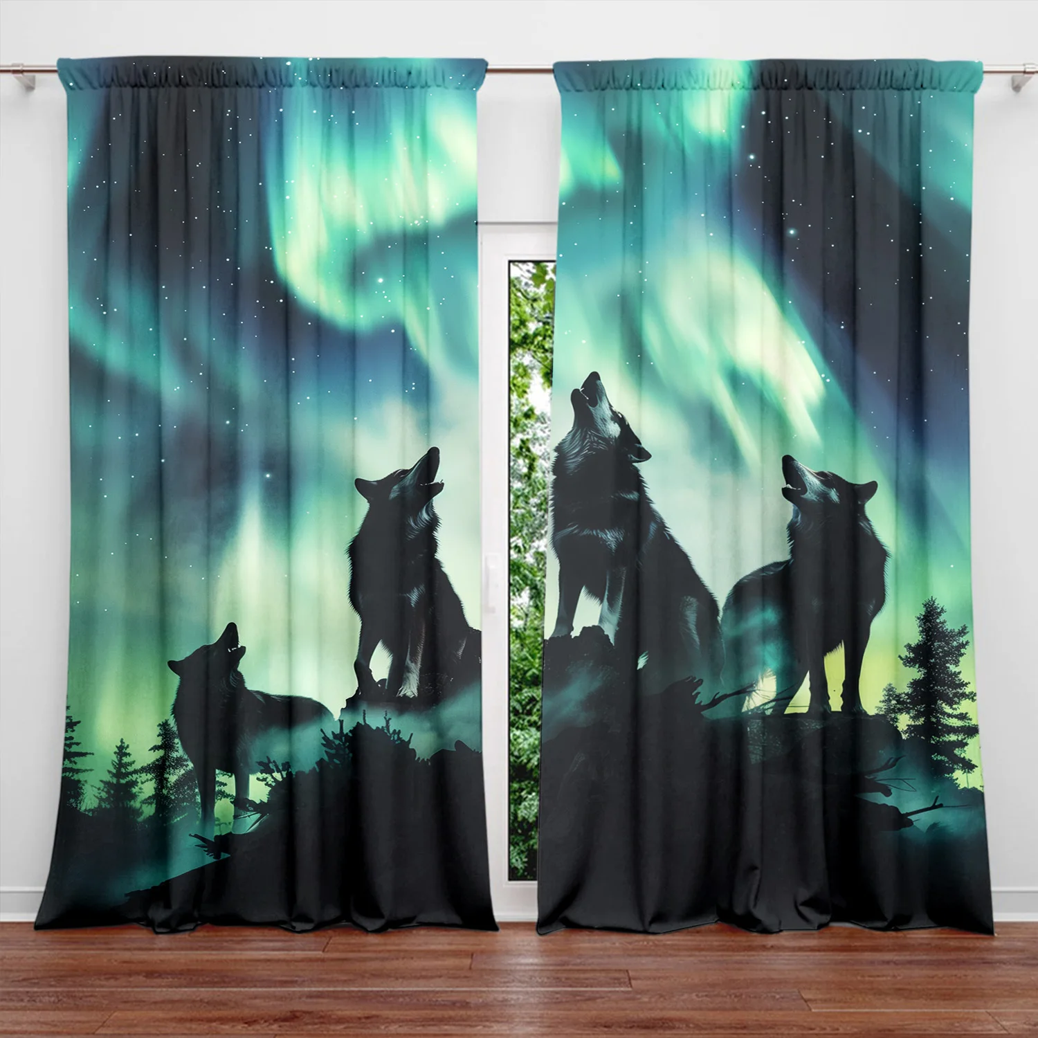 2pcs Rustic Wolf Pack Aurora Borealis Print Rod Pocket Curtains Window Treatment for Bedroom Living Room Home Decor