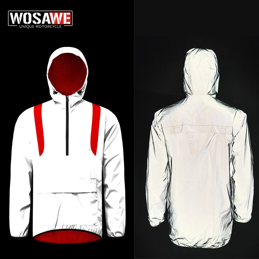 WOSAWE Rider Reflective Jacket Casual Hiphop Windbreaker Night Sporting Coat Hooded Fluorescent Clothing Running Pocket Jacket