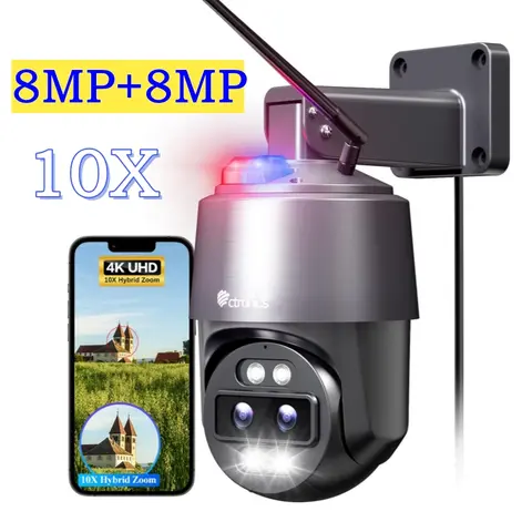 Ctronics Outdoor Wifi Surveillance Camera 4K 16MP 8MP + 8MP Dual Lens 360 10X Auto Zoom Tracking Security Camera Real 4K IMX415