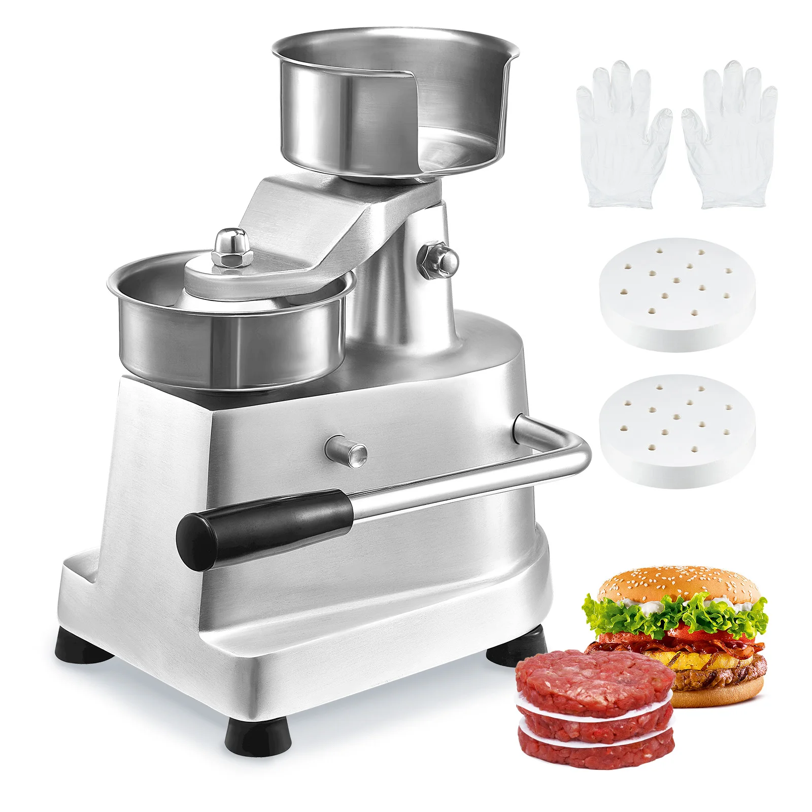 VEVOR Presse à Hamburger Commerciale 100 mm de Diamètre Machine à Burger Manuelle en Inox SUS304 Presse Steak Haché avec Poignée Ergonomique Papiers Gants pour Hamburgers Galettes Barbecue Pique-nique