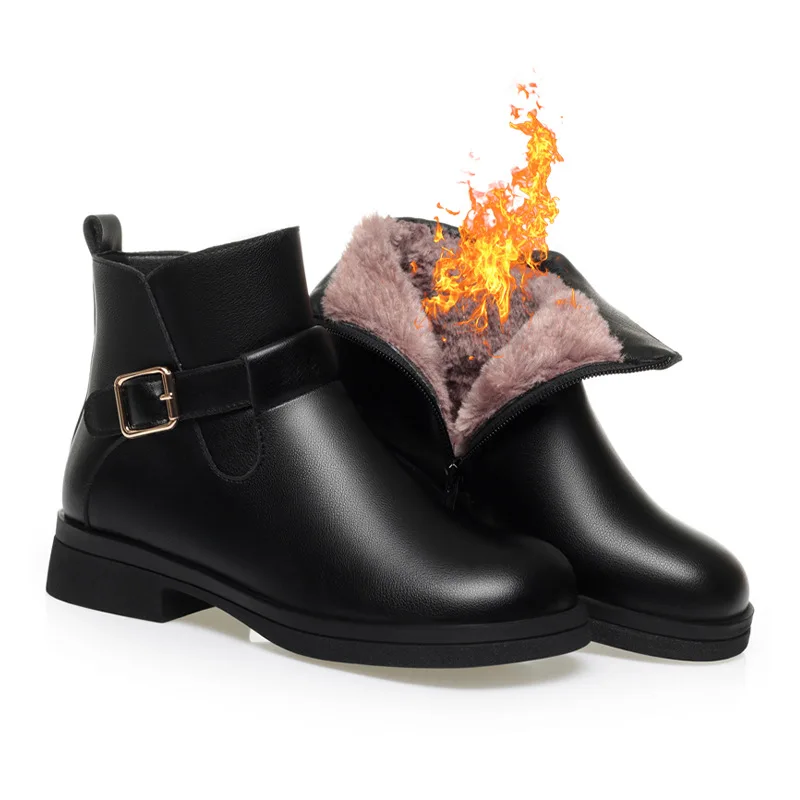 موضة مريحة أحذية من الجلد الناعم المرأة أحذية الشتاء 2026 كعب مربع دافئ قصير الفراء أفخم حذاء من الجلد لمكتب أمي #6