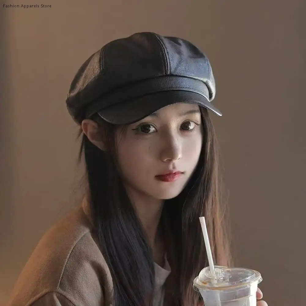 

Y2k Solid Color Vintage PU Beret Cap Keep Warm British Korean Leather Painter Hat Retro Fashion Unisex Plain Hat for Woman