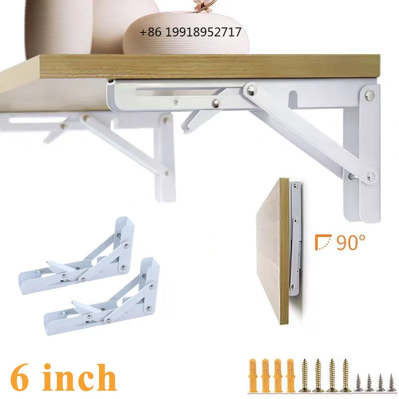 Small Shelf Bracket 6 Inch Wall Mounted Collapsible Table Bracket Space Saving 2Pcs Triangle Folding Shelf Bracket White