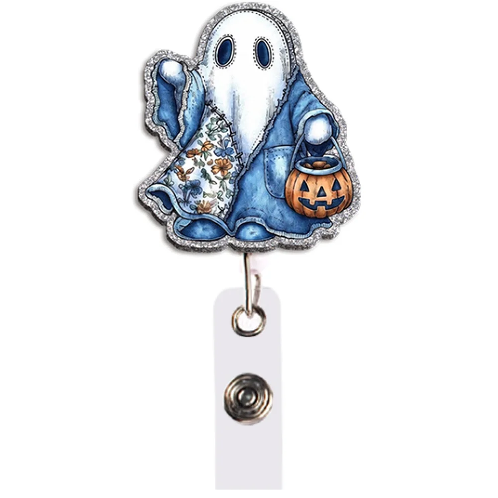 Cute Halloween Badge Reel Retractable ID Holder Coquette Ghost Bow Pumpkin Spooky Season Gift for Teacher Office Work Party