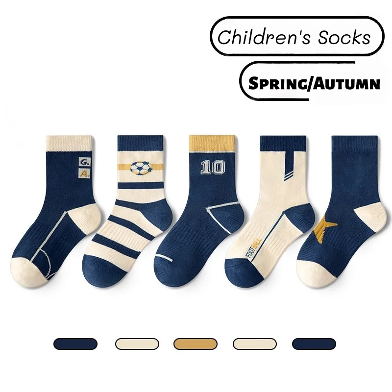 ZuQ 5 Paar Kindersocken, Frühling und Herbst, Baumwollsocken für Kinder, gestreift, Fußballmuster, Socken für 1–14 Jahre, Jungen-Baumwollsocken – Detail 1