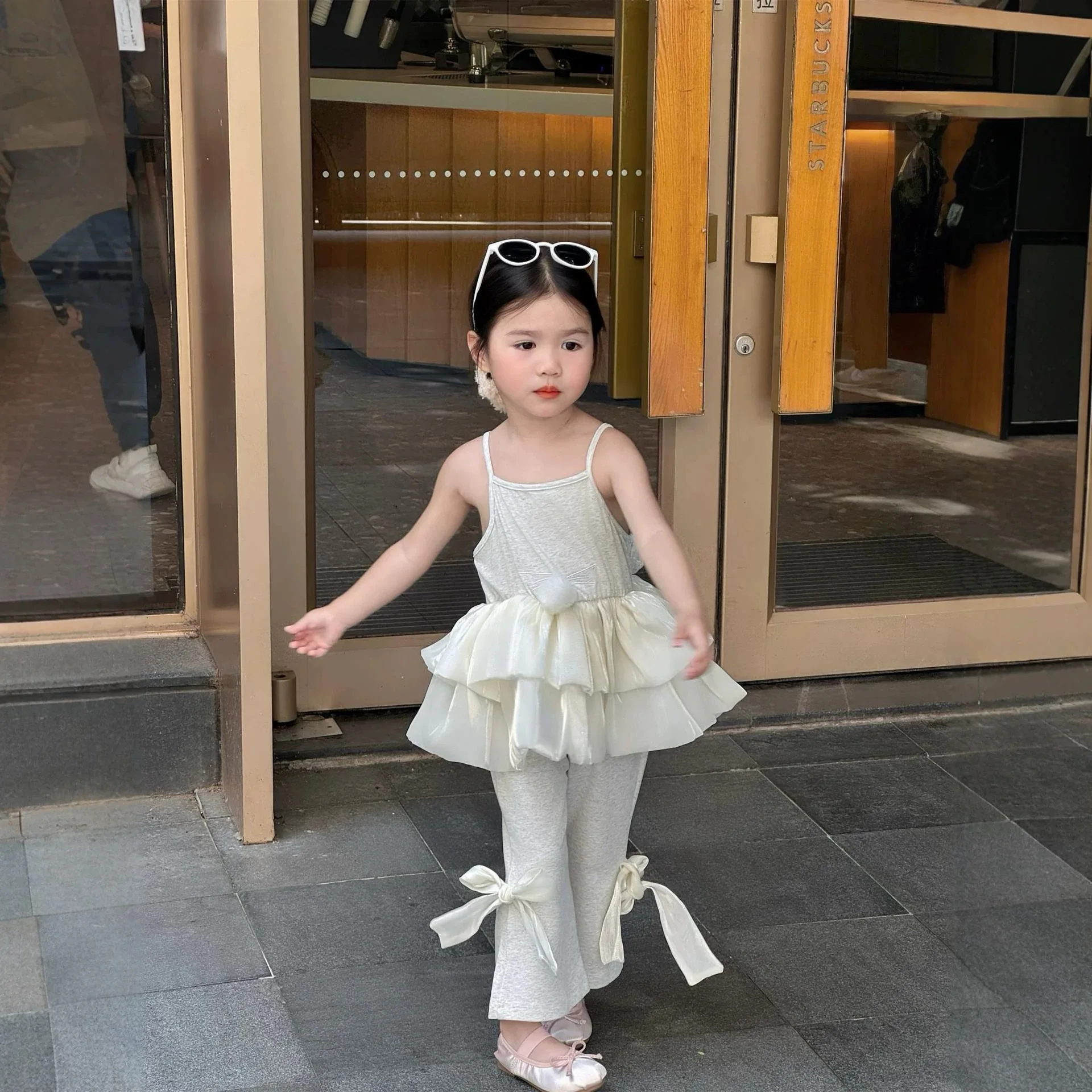 Girl Summer Double layered Lotus Leaf Edge Sweet Cartoon Cute Rabbit Ears Hairball Strap Tank Top+Bow Bellbottom Pants