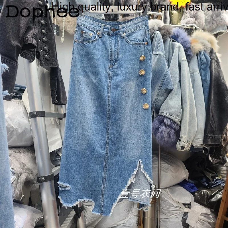 

Ripped Buttons StreetWear Denim Women 2023 Spring Summer New Mid-Length Hippie Faldas Irregular Raw Hem A- Line Long Skirt