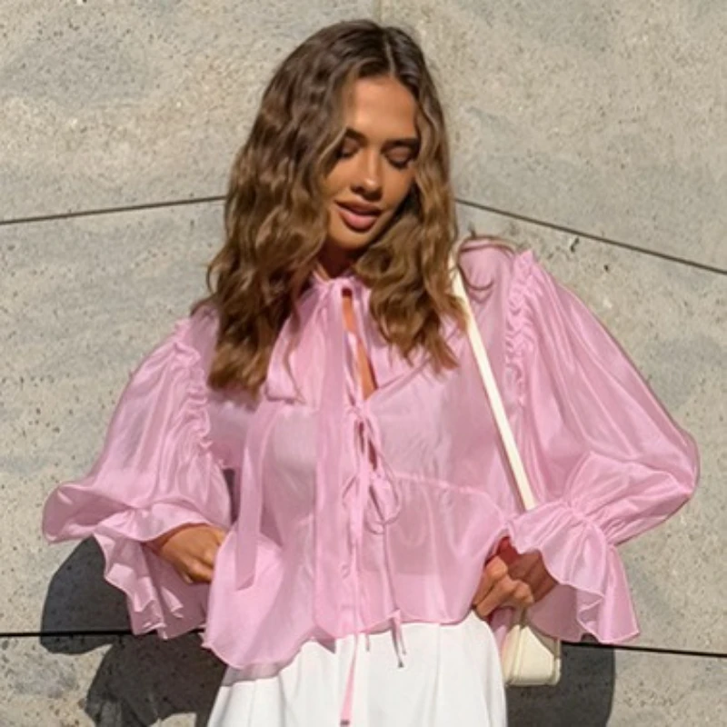 

Autumn New Puff Sleeve Loose Lace-up Tencel Shirt 2025 European and American Fashion Top Women