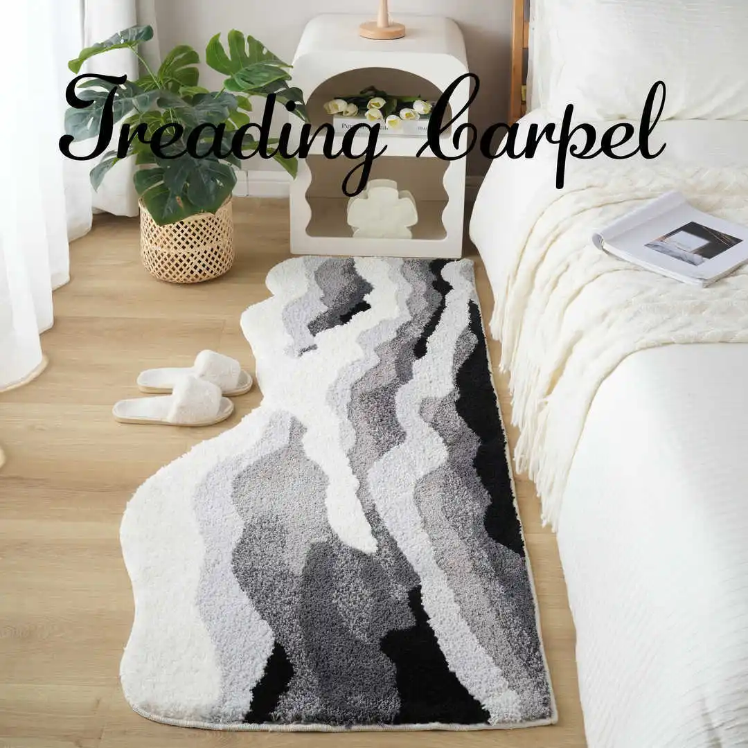 Flocking Carpet Bedroom Irregular Black Wave Bedside Blanket Thick Soft Living Room Area Rug Anti-skid Home Bathroom Door Mat