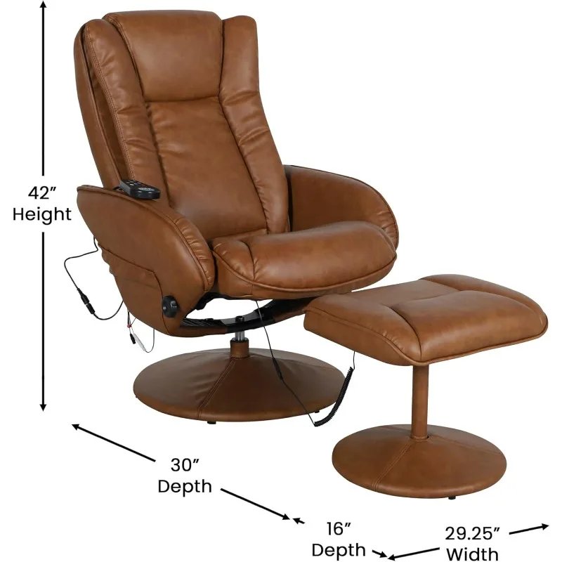 Massaging Multi-Position Plush Recliner with Side Pocket and Ottoman in Brown Faux Leather