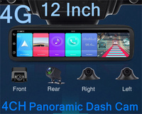 12 Inch 4CH Panoramic Dash Cam 4G LTE Android dashboard Camera ADAS WiFi GPS Navigation Video Recorder Bluetooth Parking Monitor
