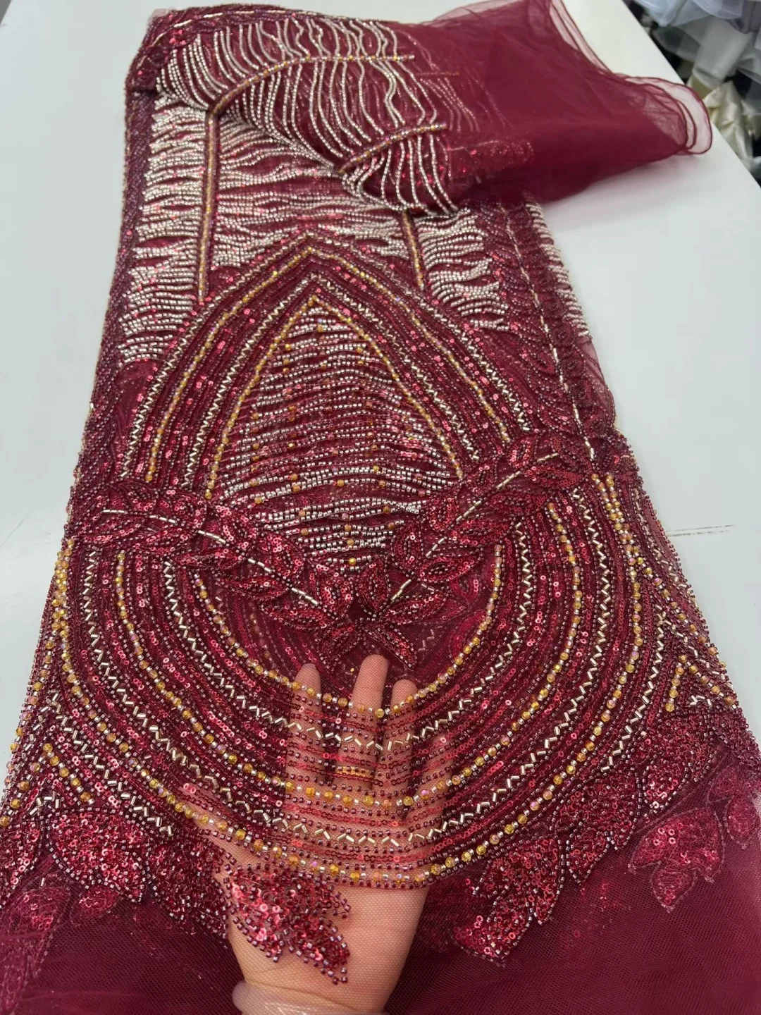 Gold African Heavy Beaded Lace Fabric 2026 High-Quality French Nigerian Sequins Tulle Lace Suitable for Women's Party Dresses