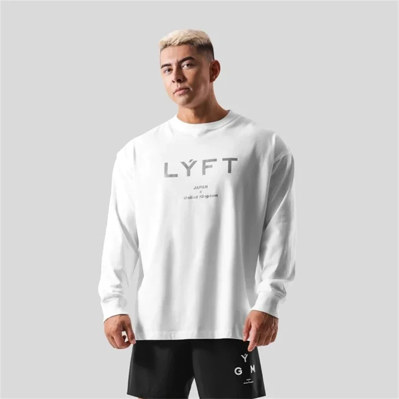 LYFT Classics Print Long Sleeve 100% Cotton Men T-shirt Gym Fitness Bodybuilding Workout Casual T Shirt Male Sport Tee Tops