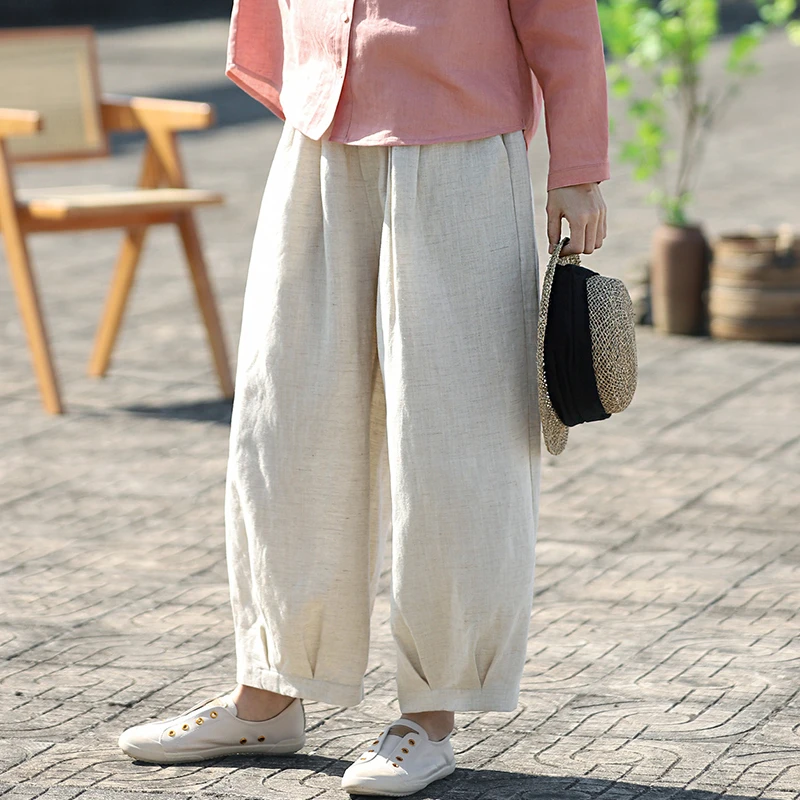 

High Quality Cotton Linen Bloomers Pants Women New 2025 Spring Vintage Style Plain Color Female Ankle-length Casual Pants M1443