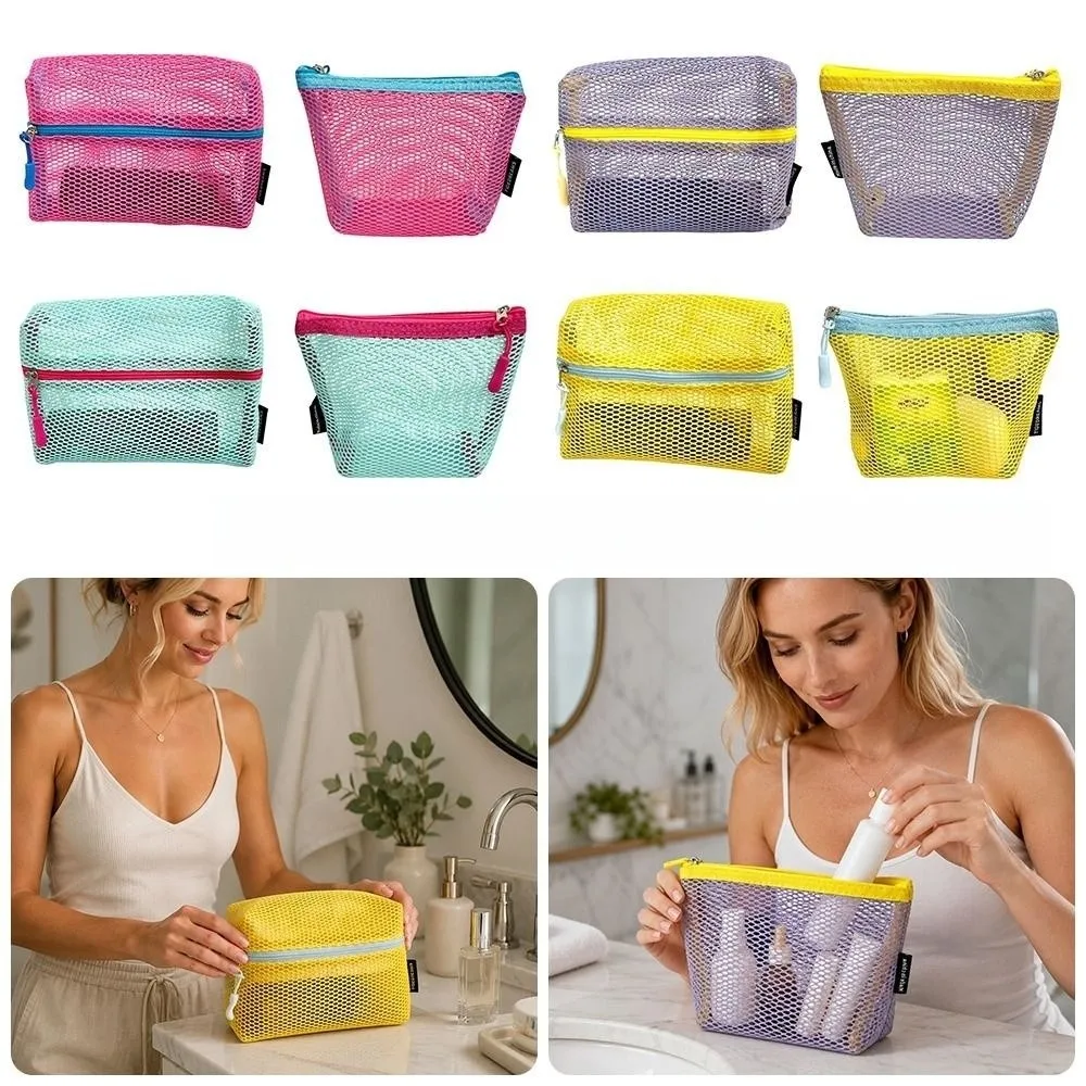 Candy Color Nylon Mesh Cosmetic Bag Mesh Portable Toiletry Organizer Bag Zipper Closure Travel Sundries Bag Cosmetic Organizer