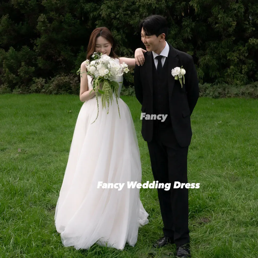 Fancy Princess Square Neck Wedding Dress Korea Photoshoot A Line Soft Tulle Bridal Gown Floor Length Back Corset Customized